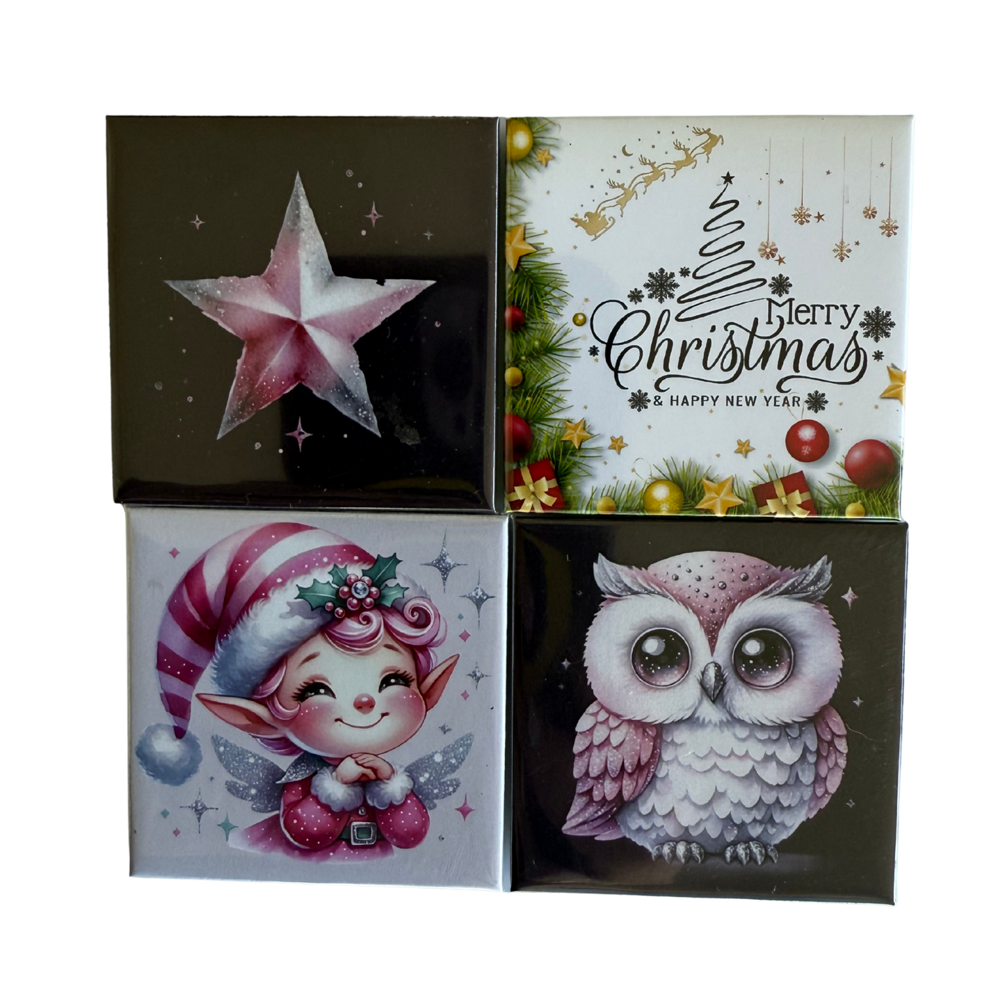 Four Christmas-themed boxes with star, fairy, owl, and tree designs.