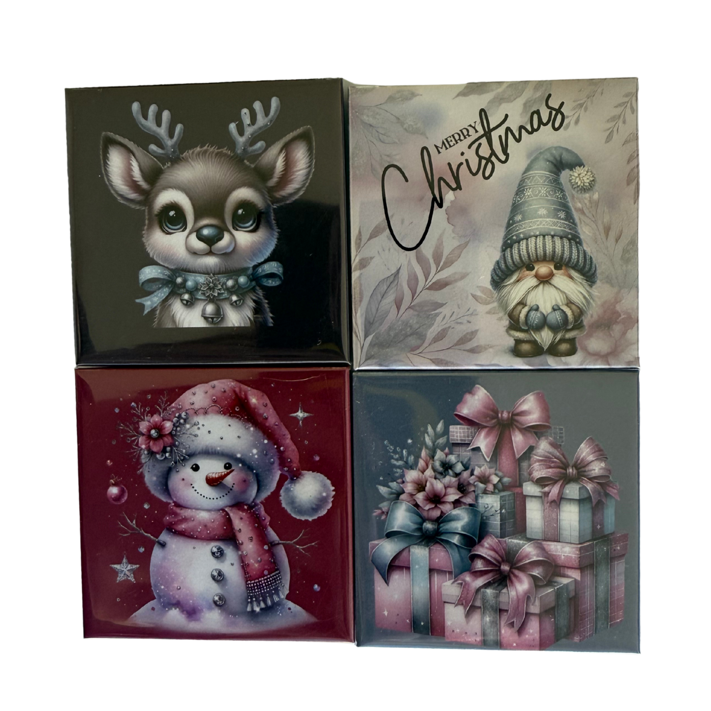 Set of four Christmas-themed cards featuring a reindeer, gnome, snowman, and gift boxes.