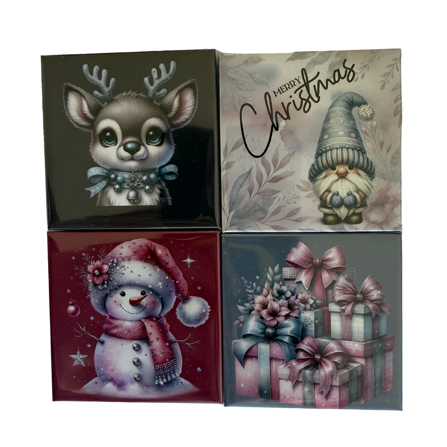 Set of four Christmas-themed cards featuring a reindeer, gnome, snowman, and gift boxes.