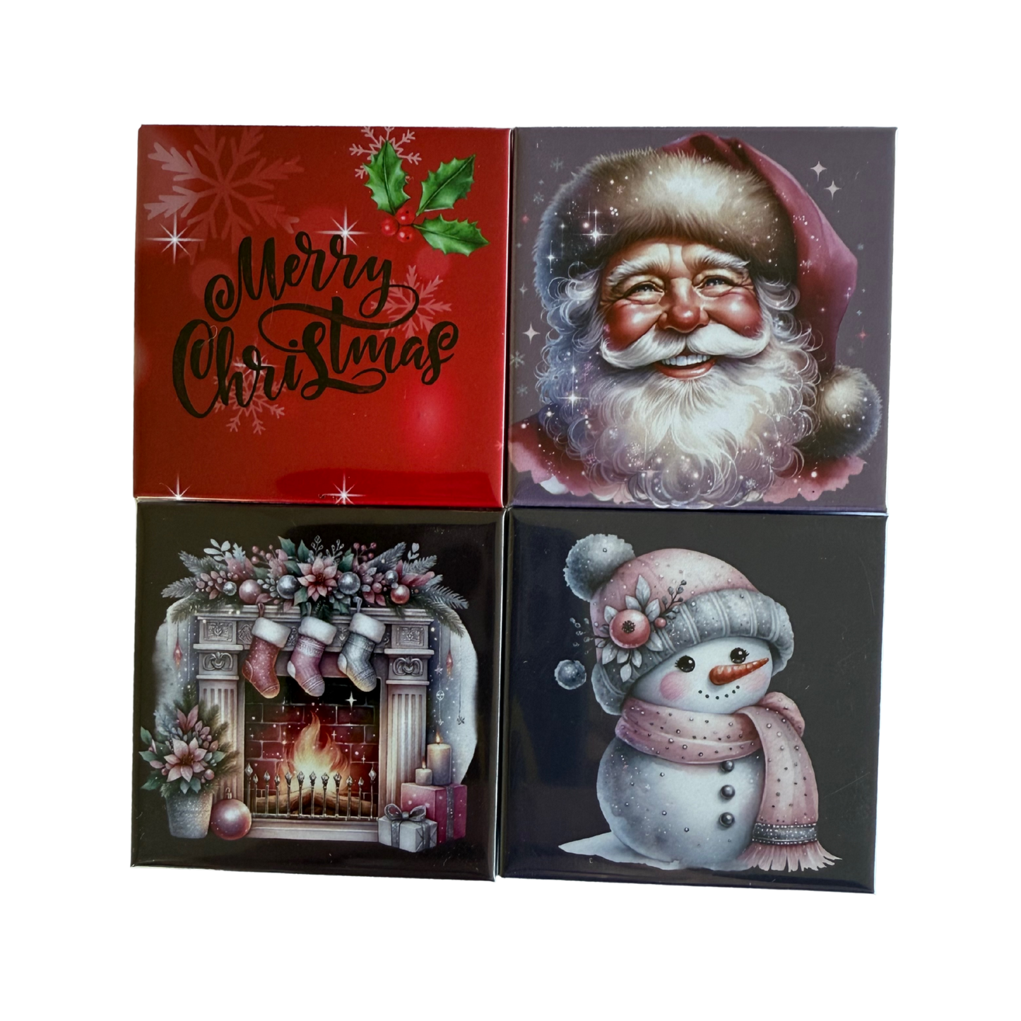 Four Christmas-themed greeting cards with Santa Claus, snowman, and fireplace designs.