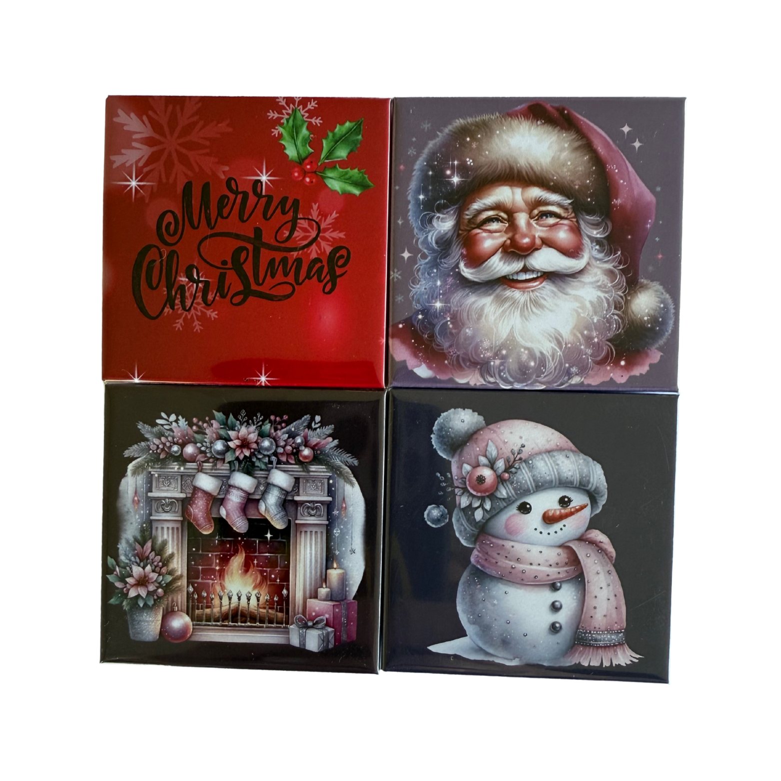 Four Christmas-themed greeting cards with Santa Claus, snowman, and fireplace designs.