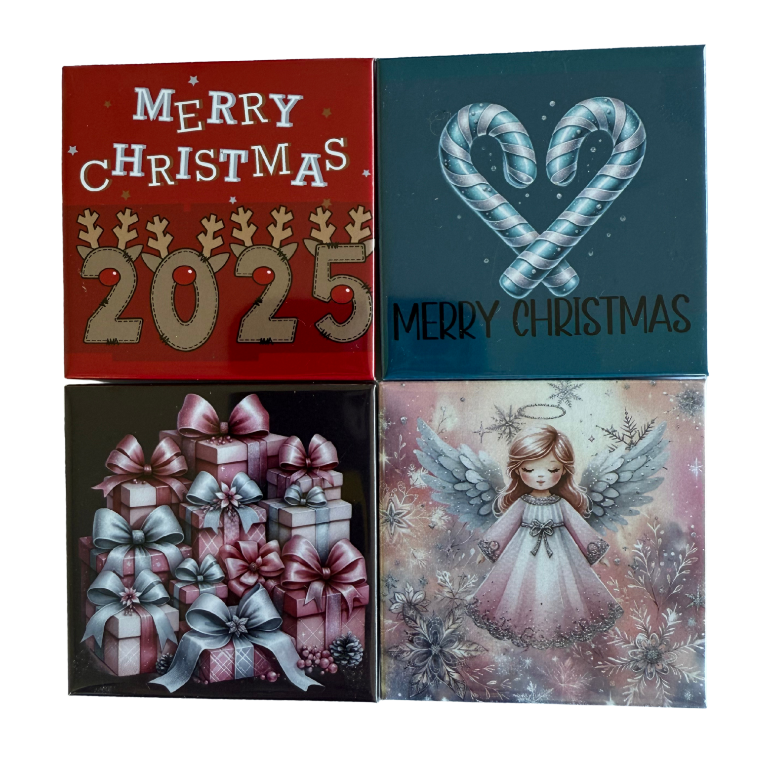 Four Christmas-themed cards with different designs on a white background.
