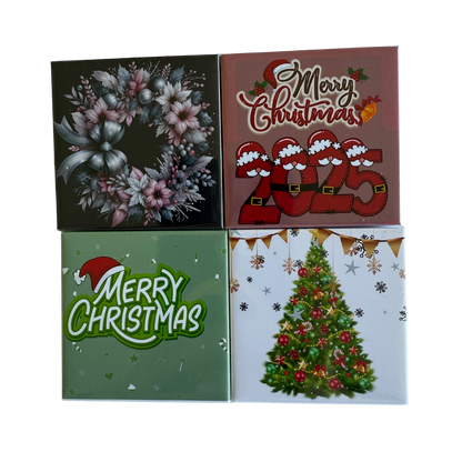 Four Christmas-themed greeting cards with different designs on a white background.