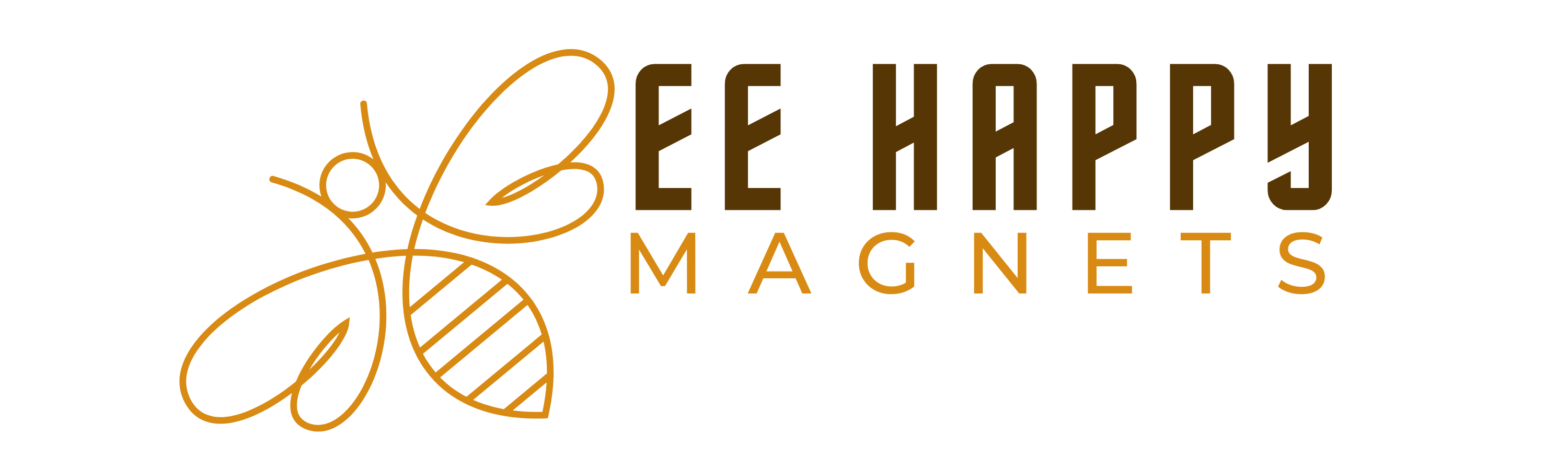 Logo of Bee Happy Magnets with a bee illustration on a white background