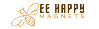 Logo of Bee Happy Magnets with a bee illustration on a white background