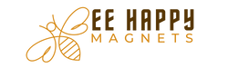 Logo of Bee Happy Magnets with a bee illustration on a white background